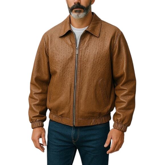 Men's Genuine Ostrich Jacket Full Zip Brown Custom Made Size 3X - Picture 1 of 12